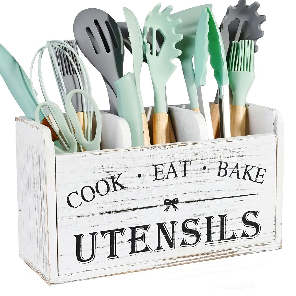 Organisateur d'ustensiles de cuisine rustique en bois avec poignée et 3 compartiments – Rangement pour comptoir ou mural pour outils de cuisine, de pâtisserie et de salle à manger – Rangement de cuisine style ferme en blanc et noir