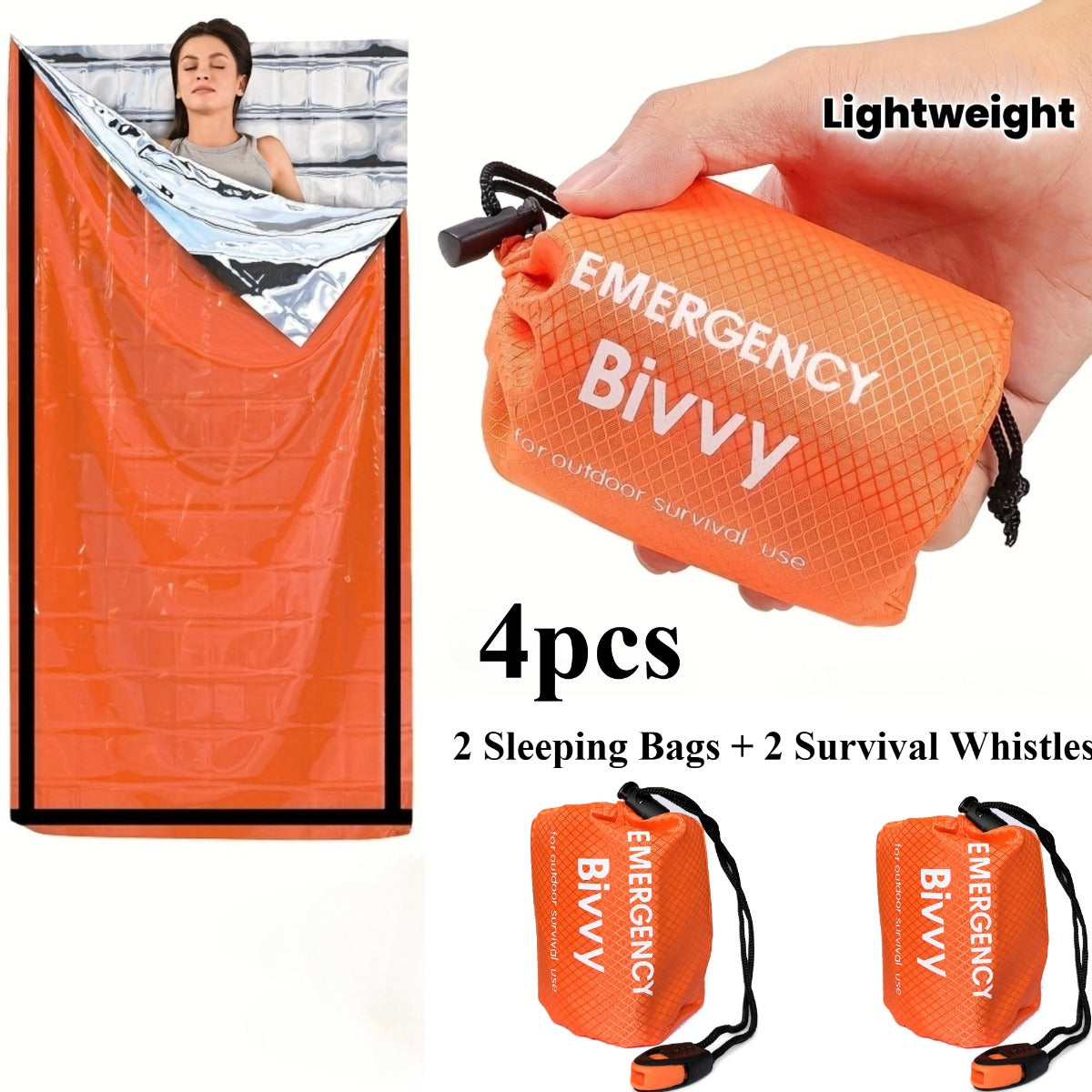 Kit de 4 sacs de couchage d'urgence en Mylar – 2 sacs de couchage thermiques de survie + 2 sifflets, abri portable léger pour le camping, la randonnée, le trekking, la survie en plein air et les urgences