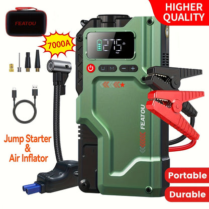 Démarreur portable 6000 A/9000 A avec compresseur d'air 150 PSI – Boîtier de démarrage 7-en-1 avec gonfleur de pneus numérique et batterie externe pour moteurs à essence (10 L) et diesel (9,0 L), démarreur de voiture avec ports USB