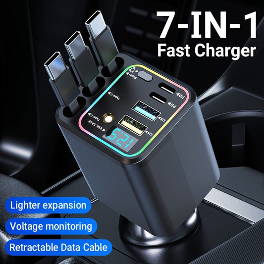 Chargeur de voiture 7-en-1 avec éclairage LED coloré et 3 câbles rétractables – Hub USB à charge rapide, réglable à 180°, affichage numérique, compatibilité universelle pour iPhone et Android
