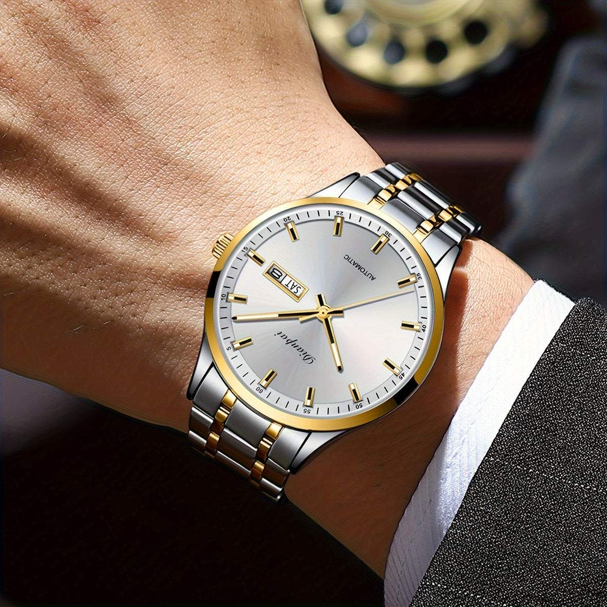 Montre mécanique automatique pour homme – Bracelet fin en acier inoxydable, aiguilles lumineuses, affichage du calendrier, sans pile – Montre de luxe habillée pour le travail, cadeau idéal
