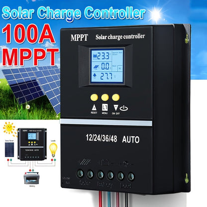 Contrôleur de charge solaire MPPT 100 A avec écran LCD et suivi automatique – Compatible avec les batteries au plomb, au lithium et LiFePO4, pour systèmes solaires hors réseau, camping-cars, bateaux et maisons