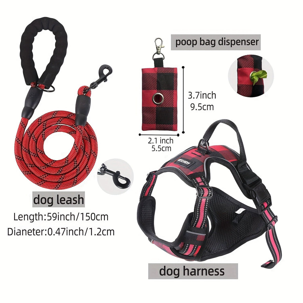 Ensemble laisse, harnais et distributeur de sacs à déjections pour chien – Harnais gilet réglable, respirant et anti-fugue pour chiens de taille moyenne à grande avec bandes réfléchissantes – Kit de promenade anti-traction rembourré avec porte-sac intégré