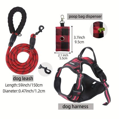 Ensemble laisse, harnais et distributeur de sacs à déjections pour chien – Harnais gilet réglable, respirant et anti-fugue pour chiens de taille moyenne à grande avec bandes réfléchissantes – Kit de promenade anti-traction rembourré avec porte-sac intégré