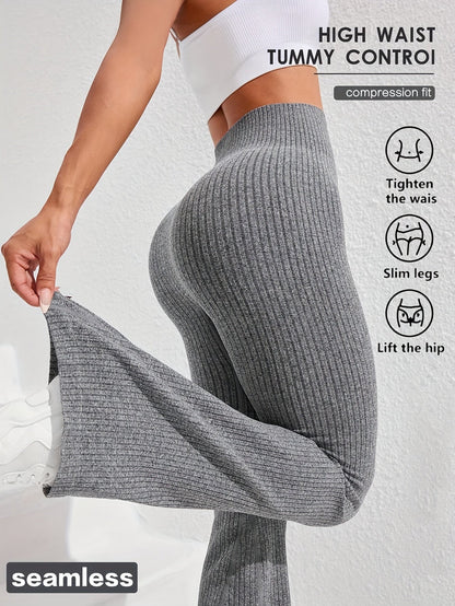 Pantalon évasé taille haute pour femme, gainant, texturé en maille côtelée large, extensible, pour yoga, fitness, course à pied ou décontracté, XS-L, 4 couleurs