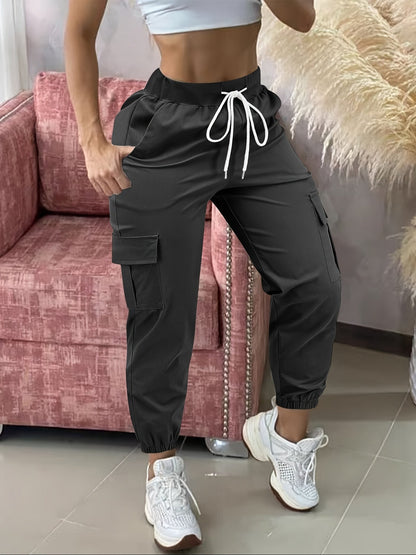 Pantalon cargo femme, taille cordon de serrage, poches multiples, ourlet effiloché, confort toute saison, coupe décontractée, tenue décontractée - Noir Kaki Olive Gris Marine Gris foncé S M L XL XXL Tissu extensible tissé