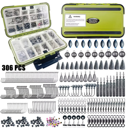 Kit de leurres de pêche 306 pcs et 84 pcs – Boîte de pêche complète avec hameçons, plombs, flotteurs, turluttes, perles, émerillons et agrafes | Ensemble d'accessoires de pêche en eau douce pour bar, truite et carpe