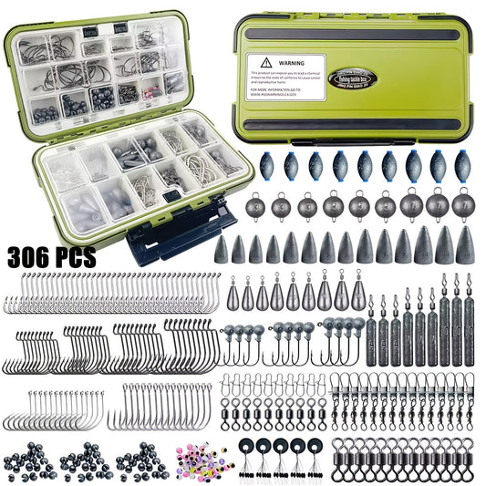 Kit de leurres de pêche 306 pcs et 84 pcs – Boîte de pêche complète avec hameçons, plombs, flotteurs, turluttes, perles, émerillons et agrafes | Ensemble d'accessoires de pêche en eau douce pour bar, truite et carpe