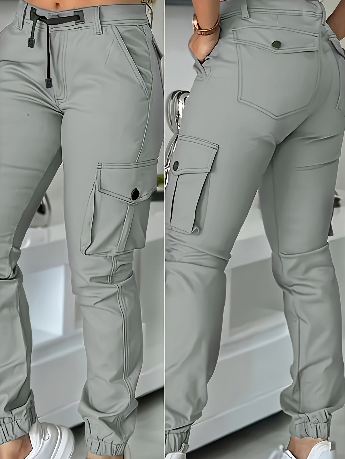 Pantalon cargo jogger taille haute pour femme, coupe ajustée, poches et cordon de serrage, pantalon décontracté cheville, printemps automne, noir kaki gris, XS-XL