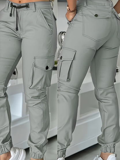 Pantalon cargo jogger taille haute pour femme, coupe ajustée, poches et cordon de serrage, pantalon décontracté cheville, printemps automne, noir kaki gris, XS-XL