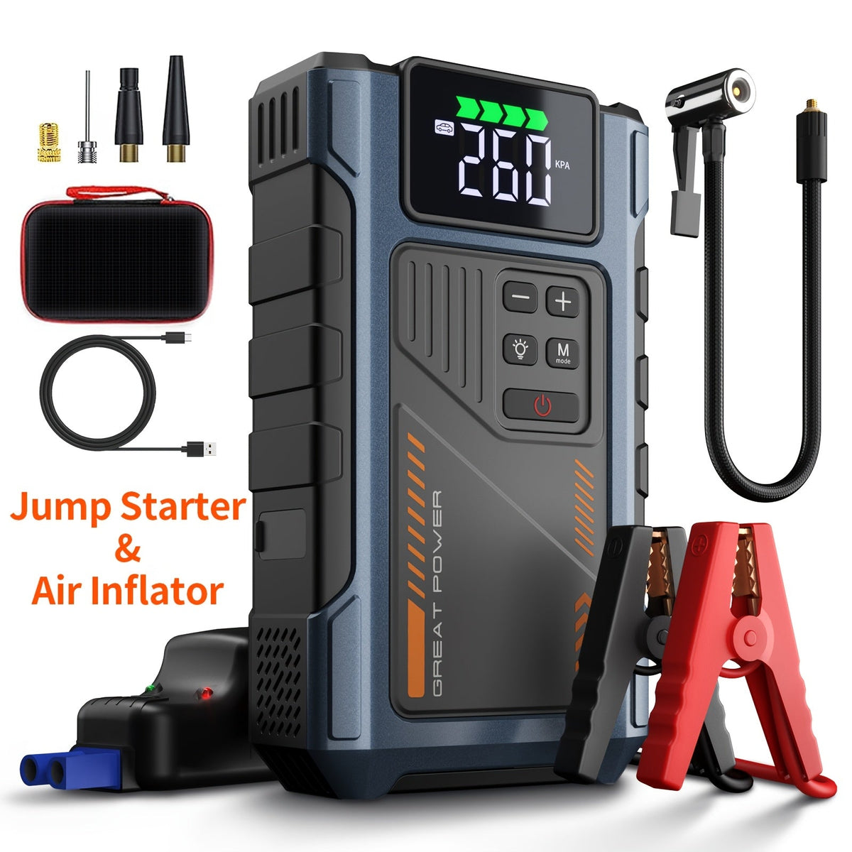 Démarreur de voiture 4000A avec compresseur d'air et gonfleur de pneus – Booster de batterie portable tout-en-un pour moteurs essence et diesel, lampe LED, batterie externe USB, affichage numérique, démarreur d'urgence compact