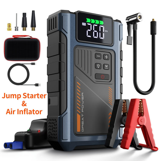 4000A Car Jump Starter with Air Compressor & Tire Inflator – All-in-One Portable Battery Booster for Gas & Diesel Engines, LED Light USB Power Bank Digital Display, Compact Emergency Car Starter