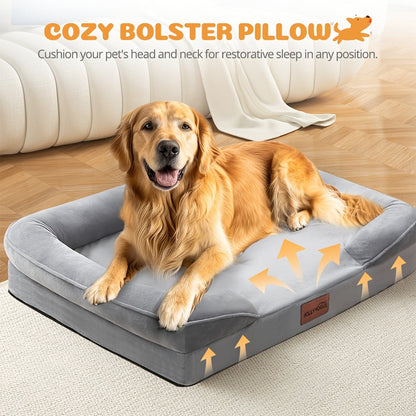 Canapé-lit pour chien extra large, 100 % mousse de soutien, traversin sur 4 côtés, housse amovible et lavable, fond antidérapant, soutien articulaire, lit pour animal de compagnie doux et chaud, gris, M L XL XXL, toutes races