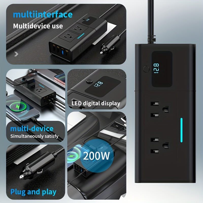 Onduleur de voiture 200W 12V vers 110V AC – Convertisseur DC vers AC avec USB-C, charge rapide QC3.0 et deux ports USB, adaptateur de prise de voiture pour ordinateur portable, téléphone, camping et voyages (aucune batterie requise)