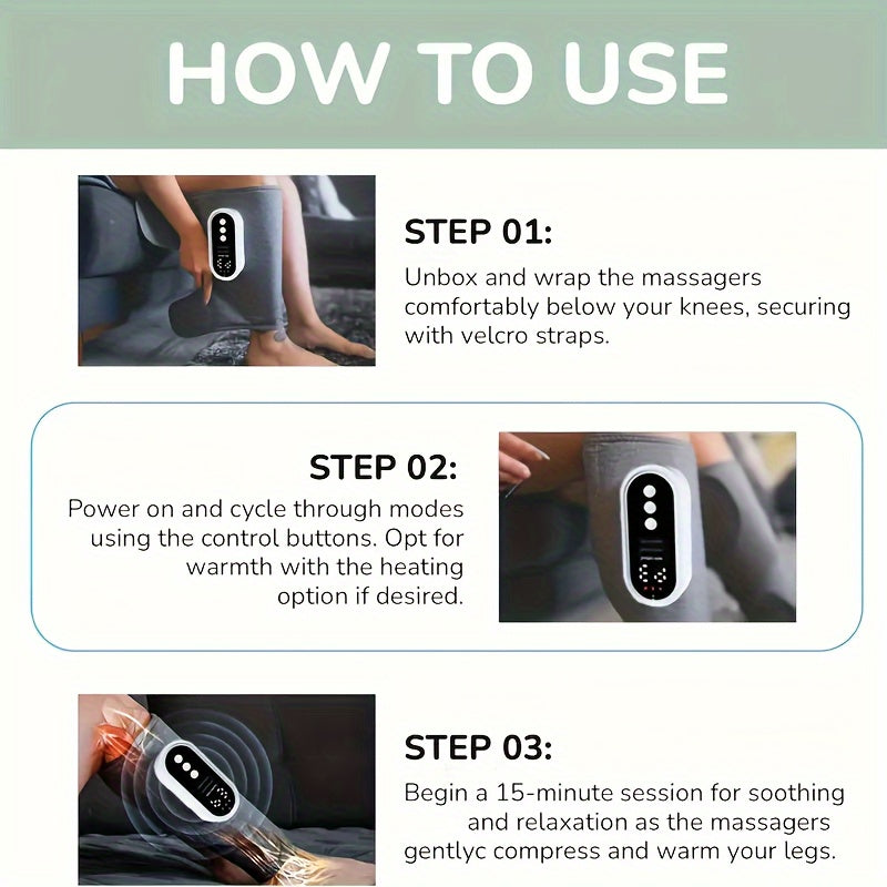 Masseur de jambes à compression d'air sans fil, 3 intensités, soulagement pour mollets, cuisses, pieds et genoux, appareil rechargeable et portable pour la maison, le bureau et les voyages, gris noir