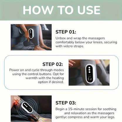 Masseur de jambes à compression d'air sans fil, 3 intensités, soulagement pour mollets, cuisses, pieds et genoux, appareil rechargeable et portable pour la maison, le bureau et les voyages, gris noir