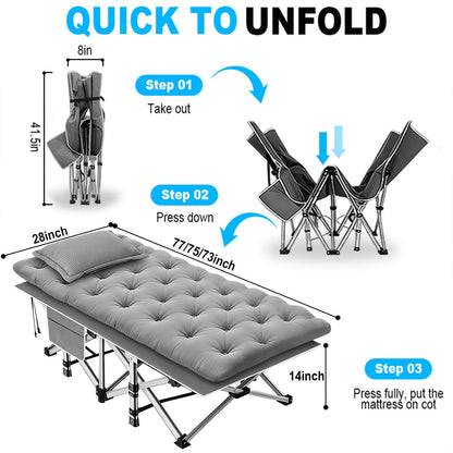 Lit pliant ultra-résistant supportant jusqu’à 285 kg avec matelas en option – Lit de camp portable avec pieds de support multiples, poches latérales et oreiller, lit d'appoint toutes saisons de 150 à 195 cm, peu encombrant