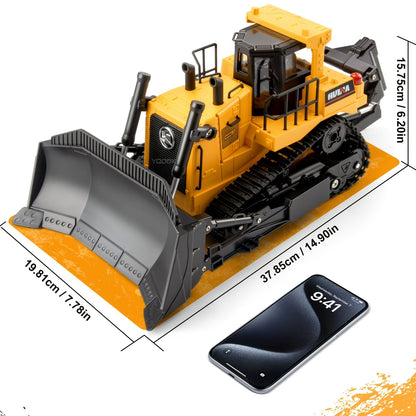 RC Bulldozer Remote Control Construction Vehicle 1:16 Scale 2.4GHz 11 Channel Front Loader Dozer Toy for Kids 8+ Outdoor Sand Climbing Truck Holiday Gift Yellow