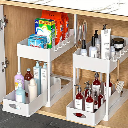 Ensemble de 2 organisateurs sous évier – Tiroirs coulissants à deux niveaux avec 8 crochets, solution de rangement pour meuble de salle de bain sous comptoir, paniers à étagères polyvalents pour cuisine et salle de bain, noir blanc gris