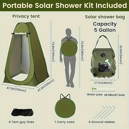 Tente de douche pop-up et sac de douche solaire de 20 litres, ensemble de camping – Lot de 2 tentes de douche extérieures étanches à montage instantané pour le camping, la randonnée, la pêche et la plage, cabine d'essayage portable facile à plier, vert