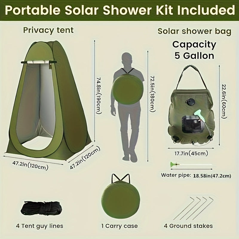 Tente de douche pop-up et sac de douche solaire de 20 litres, ensemble de camping – Lot de 2 tentes de douche extérieures étanches à montage instantané pour le camping, la randonnée, la pêche et la plage, cabine d'essayage portable facile à plier, vert