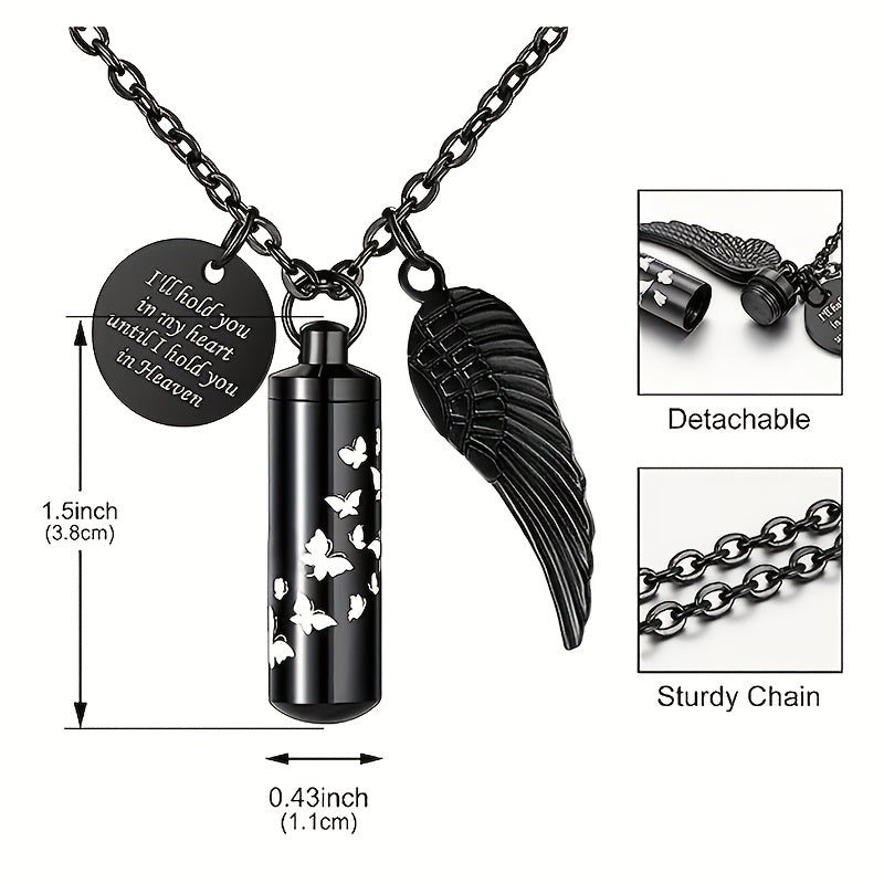 Collier urne cylindrique pour cendres - Pendentif commémoratif en acier inoxydable avec papillon et aile d'ange, bijou de crémation pour perte d'animal de compagnie ou d'être cher, pour femmes et hommes (argenté)