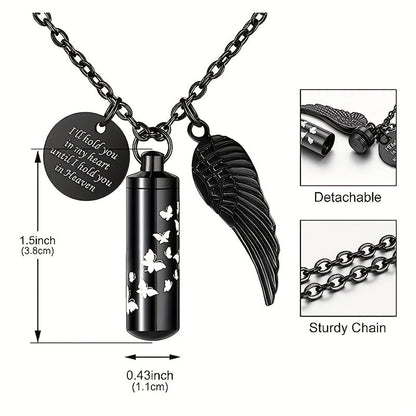 Collier urne cylindrique pour cendres - Pendentif commémoratif en acier inoxydable avec papillon et aile d'ange, bijou de crémation pour perte d'animal de compagnie ou d'être cher, pour femmes et hommes (argenté)