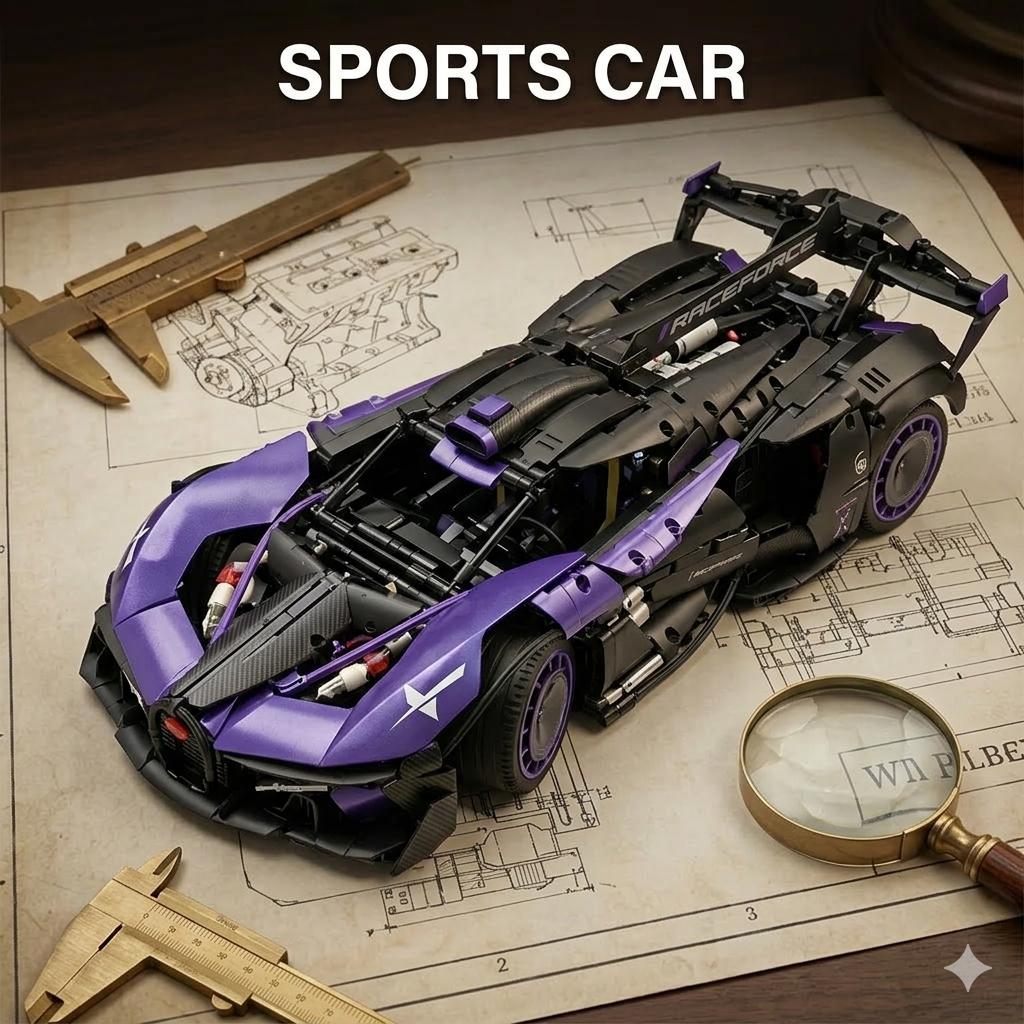 Ensemble de construction de supercar à l'échelle 1:8 de 3332 pièces – Modèle réduit de voiture musclée en édition limitée violet foncé, carrosserie profilée, design modulaire, objet de collection pour les passionnés de voitures, les garçons et les adultes