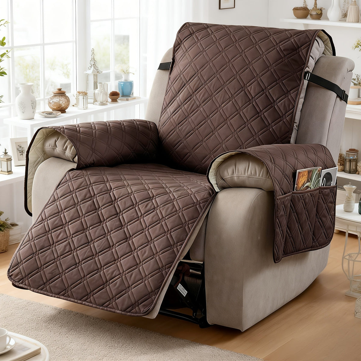 Housse de fauteuil inclinable imperméable avec poches latérales, sangles antidérapantes, tissu matelassé 4 couches, protection contre les animaux et les enfants, lavable en machine – 11 couleurs