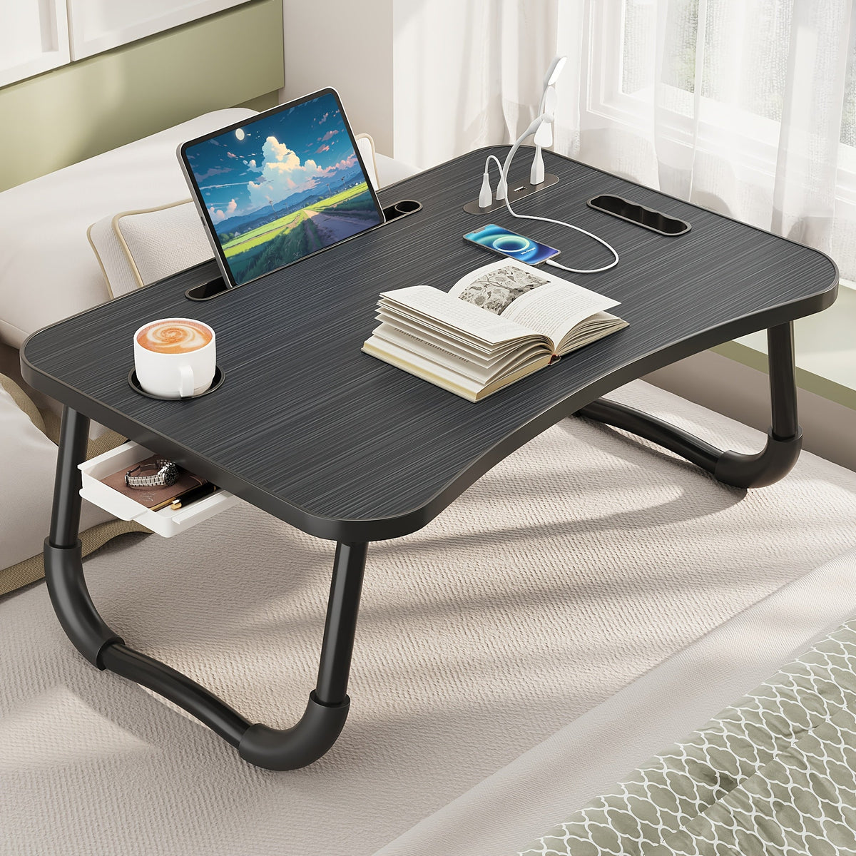 Plateau de lit pour ordinateur portable et repas – Grand plateau de petit-déjeuner avec porte-gobelet et tiroir pour canapé, sol, étude, lecture et écriture, table d'appoint portable