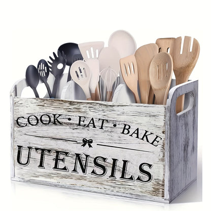 Organisateur d'ustensiles de cuisine rustique en bois avec poignée et 3 compartiments – Rangement pour comptoir ou mural pour outils de cuisine, de pâtisserie et de salle à manger – Rangement de cuisine style ferme en blanc et noir