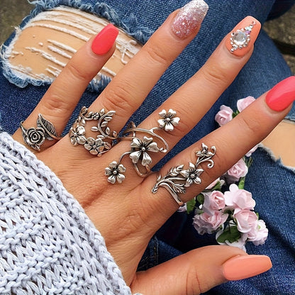 Ensemble de bagues empilables vintage à motif floral pour femme en argent sterling 925 – Lot de 4 bagues bohèmes, bijoux minimalistes élégants, cadeau idéal pour un anniversaire ou Noël