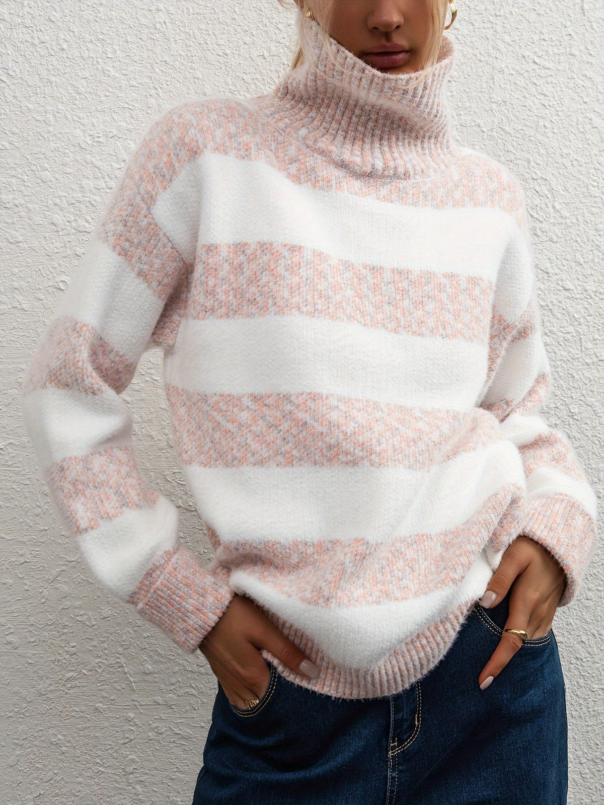 Pull col montant en fausse fourrure de vison pour femme - Pull rayé ample et épais | Haut en tricot, sous-couche ou vêtement d'extérieur chaud pour l'automne et l'hiver