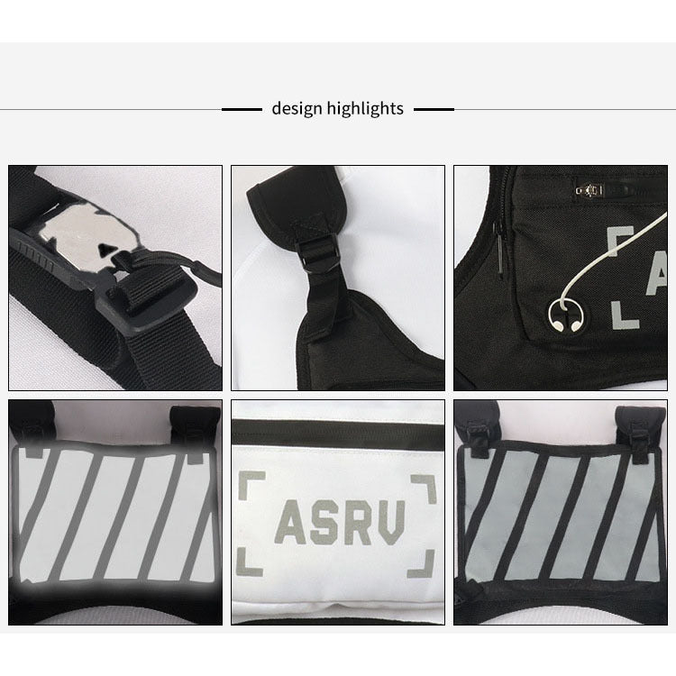 Sac de poitrine réfléchissant pour course à pied, gilet léger et réglable, sac bandoulière pour hommes et femmes – Sac de sport imperméable pour vélo, randonnée, ski avec trou pour écouteurs, noir et blanc