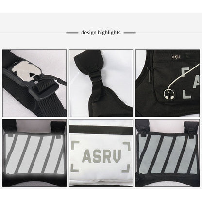 Sac de poitrine réfléchissant pour course à pied, gilet léger et réglable, sac bandoulière pour hommes et femmes – Sac de sport imperméable pour vélo, randonnée, ski avec trou pour écouteurs, noir et blanc