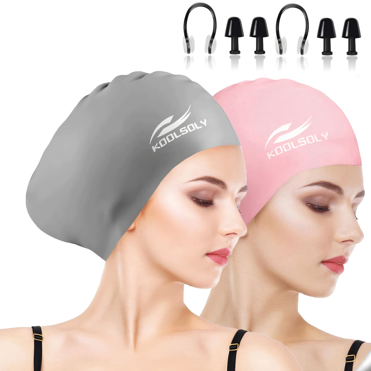 Lot de 2 bonnets de bain en silicone avec protection auditive pour cheveux longs – Inclut bouchons d'oreilles et pince-nez, ensemble de bonnet de bain étanche, 11 options de couleurs pour femmes, hommes et adultes