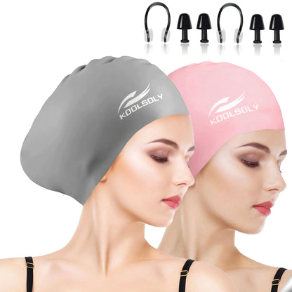 Lot de 2 bonnets de bain en silicone avec protection auditive pour cheveux longs – Inclut bouchons d'oreilles et pince-nez, ensemble de bonnet de bain étanche, 11 options de couleurs pour femmes, hommes et adultes