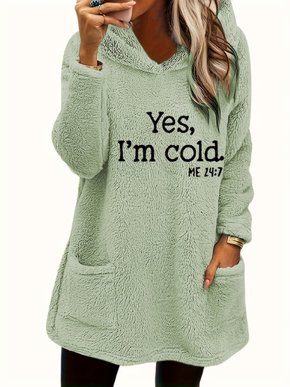 Women's "Yes I'm Cold" Teddy Bear Graphic Hooded Sweatshirt – Cozy Fleece-Lined Pullover Hoodie Double Pocket Long Sleeve 100% Polyester Fall Winter Casual Top