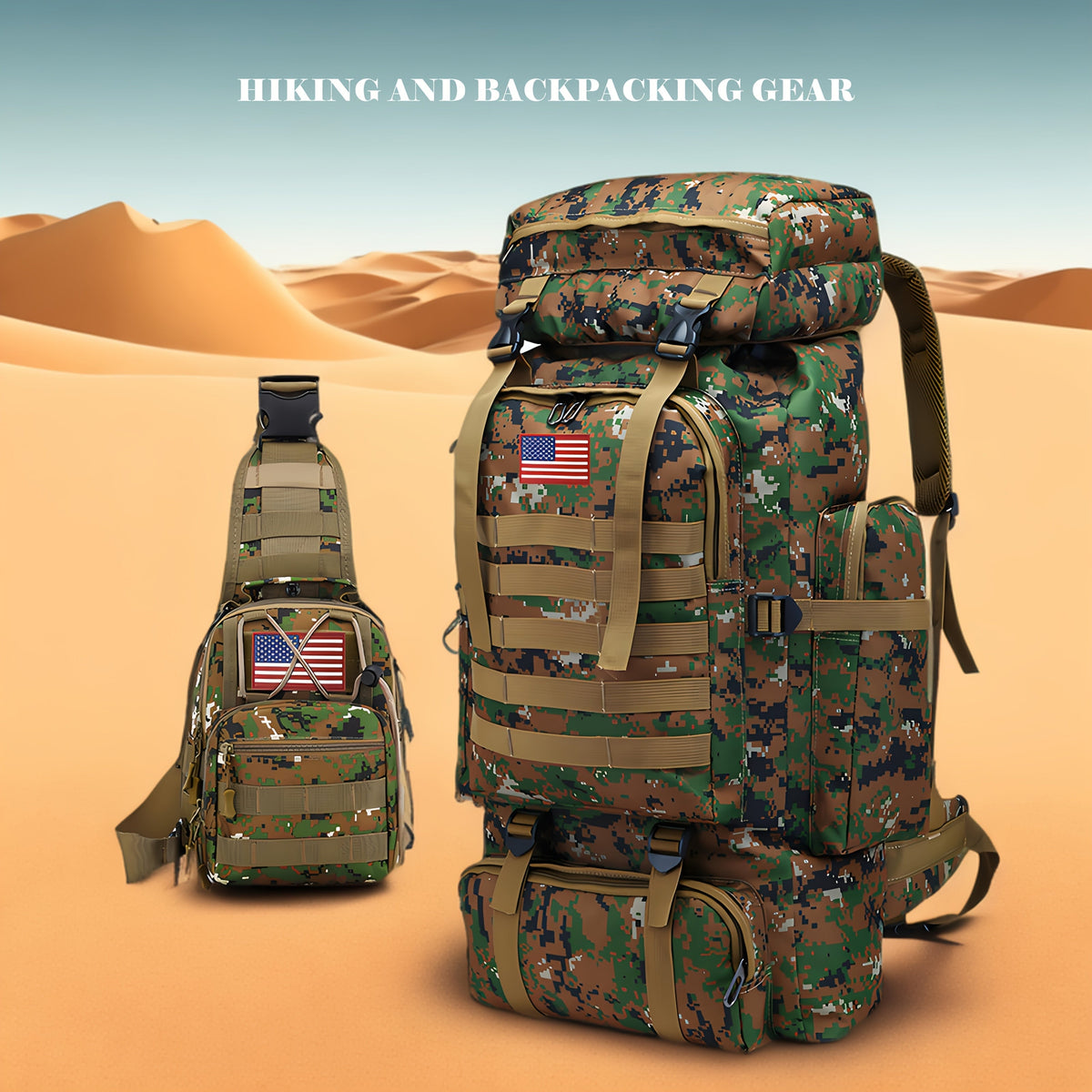 Ensemble tactique 2 pièces : Sac à dos et sac de poitrine - Sac d'assaut 80 L pour 3 jours pour homme, sac à dos militaire en polyester avec système MOLLE pour la randonnée, le camping, la chasse, les voyages et les sports de plein air