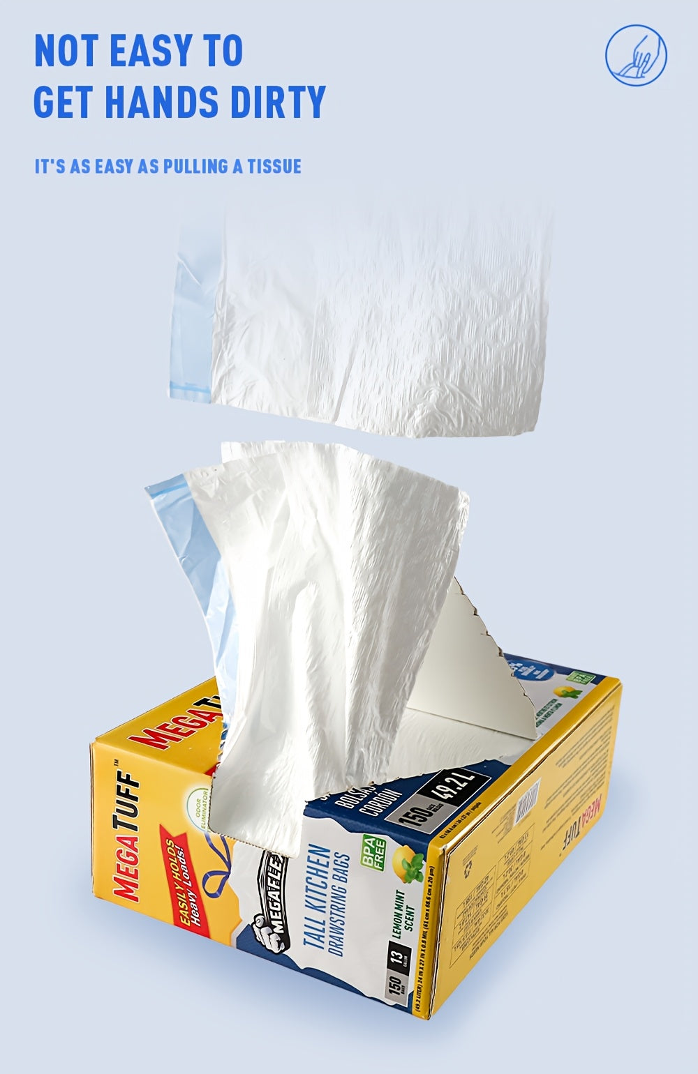 Sacs poubelle de cuisine de 50 litres avec liens coulissants et neutralisateur d'odeurs – Sacs jetables résistants aux perforations et aux déchirures, parfum frais menthe et citron, disponibles en boîtes de 78 et 150 unités