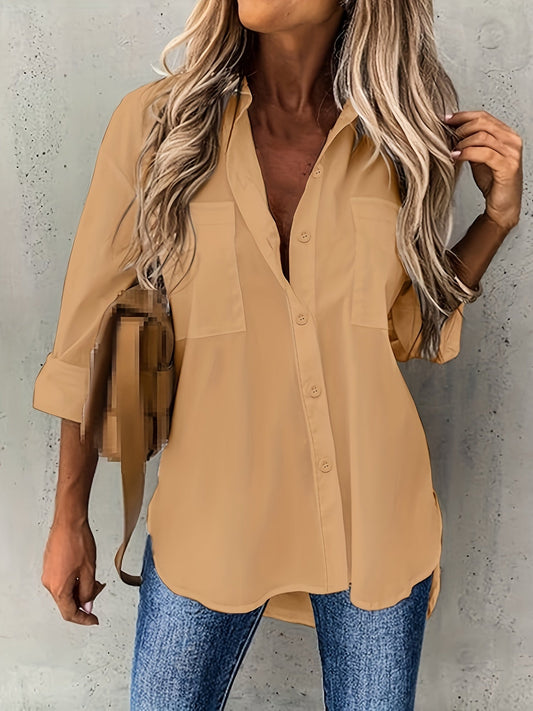 Chemise boutonnée à manches longues pour femme, chemisier de travail élégant à col à revers de couleur unie, haut décontracté et léger, blanc, noir, rouge, kaki, bleu, abricot, S M L XL XXL