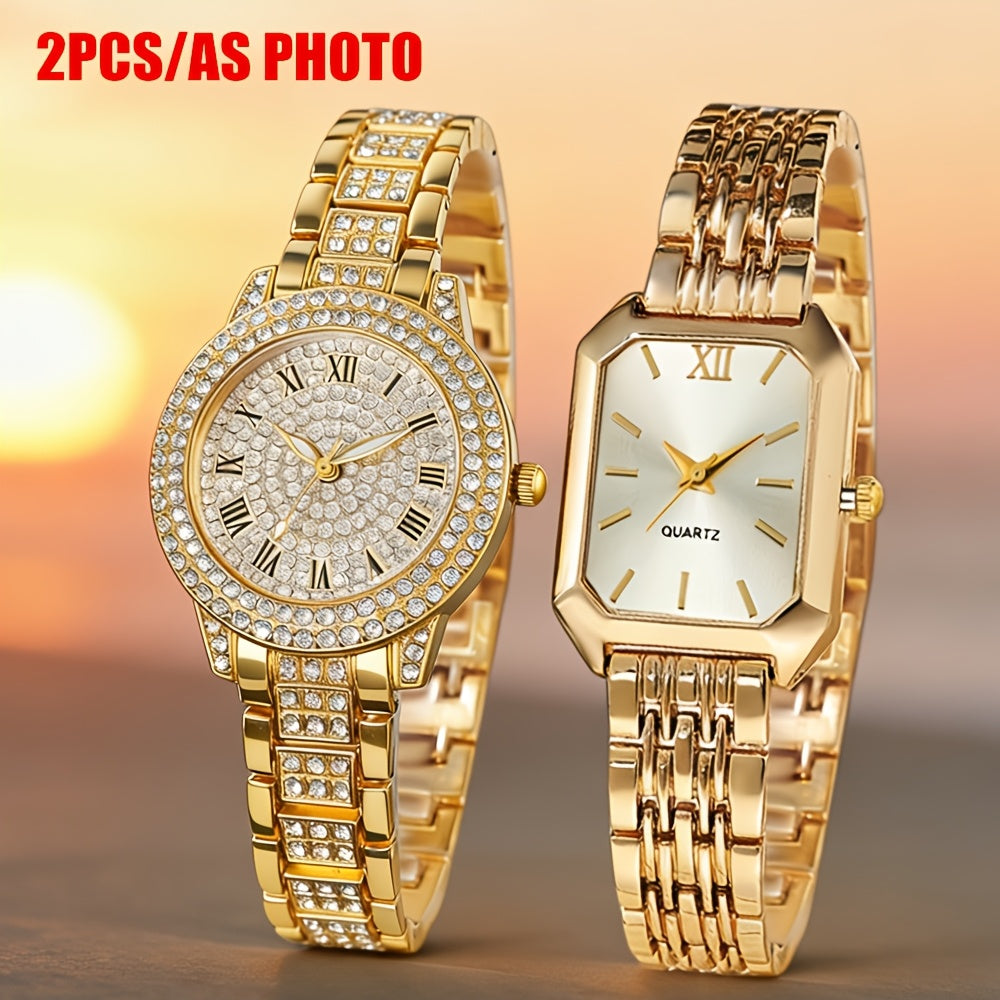 Ensemble de 2 montres pour femmes, montre-bracelet à quartz dorée – Élégante montre analogique pour femme, cadeau décontracté et stylé pour femme, tons or rose et argent