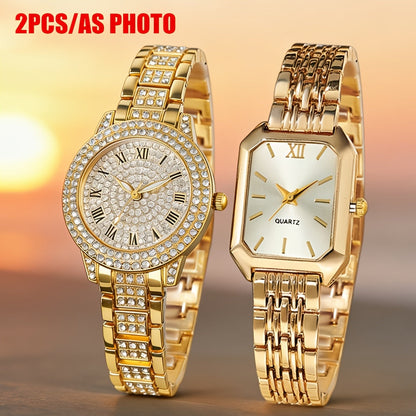 Ensemble de 2 montres pour femmes, montre-bracelet à quartz dorée – Élégante montre analogique pour femme, cadeau décontracté et stylé pour femme, tons or rose et argent