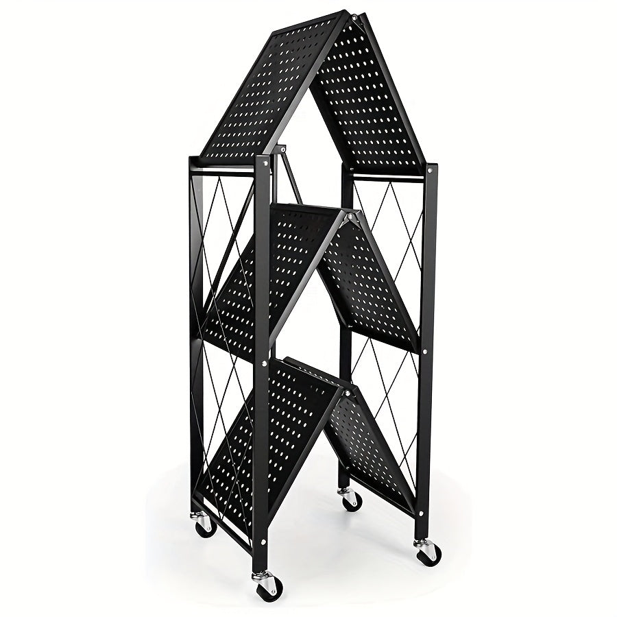 Étagère de rangement pliable en métal robuste à 3 niveaux avec roulettes, capacité de 340 kg – Unité de rayonnage roulante et mobile pour garage, cuisine, entrepôt et organisation de la maison, noir