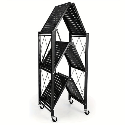 Étagère de rangement pliable en métal robuste à 3 niveaux avec roulettes, capacité de 340 kg – Unité de rayonnage roulante et mobile pour garage, cuisine, entrepôt et organisation de la maison, noir