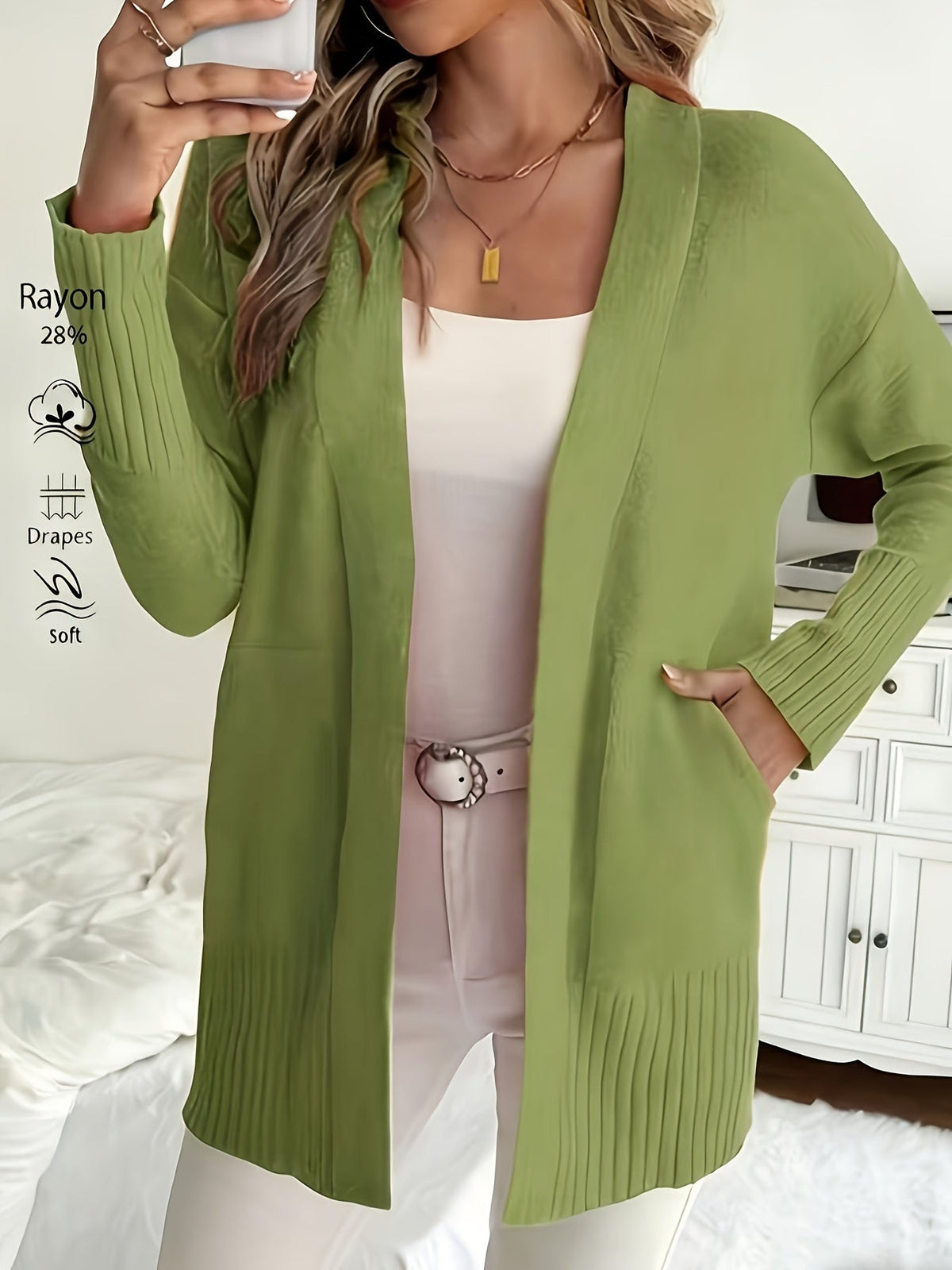 Gilet long femme à col en V et épaules tombantes – Maille douce coupe ample, disponible en 16 coloris pour l'automne et l'hiver, 46 % acrylique, 28 % viscose, 26 % nylon