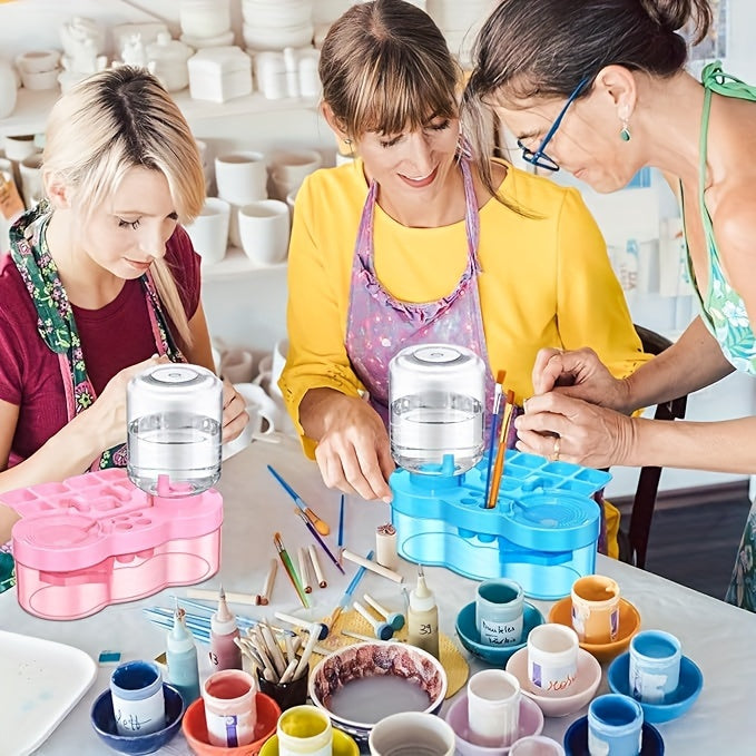 Nettoyant pour pinceaux 6-en-1 amélioré avec bac de drainage, porte-pinceau et outil de nettoyage à circulation d'eau pour peinture acrylique, aquarelle et peintures à l'eau, fournitures d'art pour artistes, bleu et violet