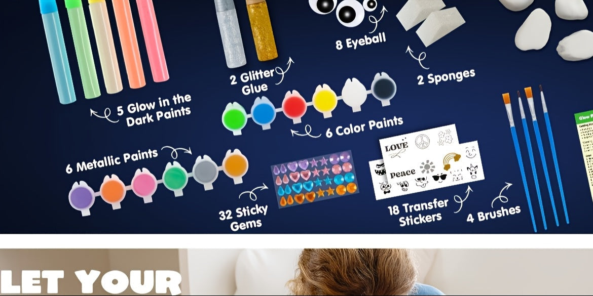 Kit de peinture sur pierres phosphorescentes pour enfants – Ensemble créatif de bricolage et art rupestre, jouet de peinture graffiti, cadeau d'activité en plein air pour anniversaires de garçons et filles