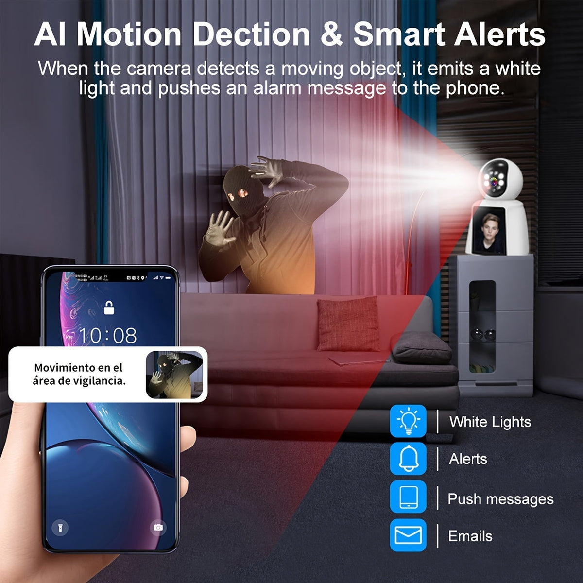 Caméra intérieure WiFi PTZ avec écran intégré de 3 pouces, appel vidéo HD 3MP, audio bidirectionnel, vision nocturne couleur, détection par IA, moniteur pour animaux, bébé et personnes âgées, caméra de sécurité domestique avec contrôle par application