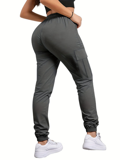 Pantalon cargo pour femme avec poches zippées – Taille élastique à cordon de serrage, grandes poches, pantalon décontracté pour l'extérieur, noir, gris, vert, bleu, XS-XXL